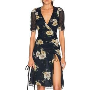 NICHOLAS Tea Dress 100% Silk Navy Floral Ruched V-Neck Midi Puff Sleeve US 0